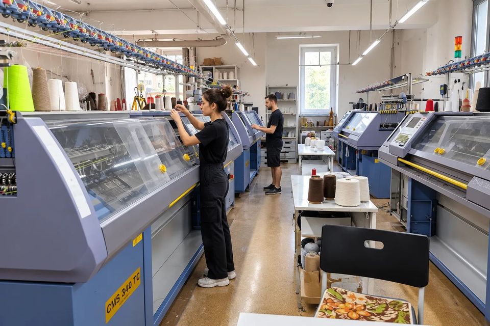 Цех фабрики: вязальные машины и операторы за работой